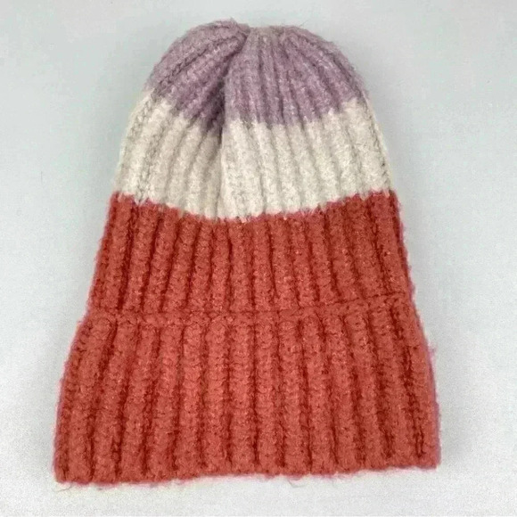 BOUTIQUE Women's OS Chunky Knit Stripe Beanie Sara Winter Hat Orange Cream Purpl - Picture 7 of 10